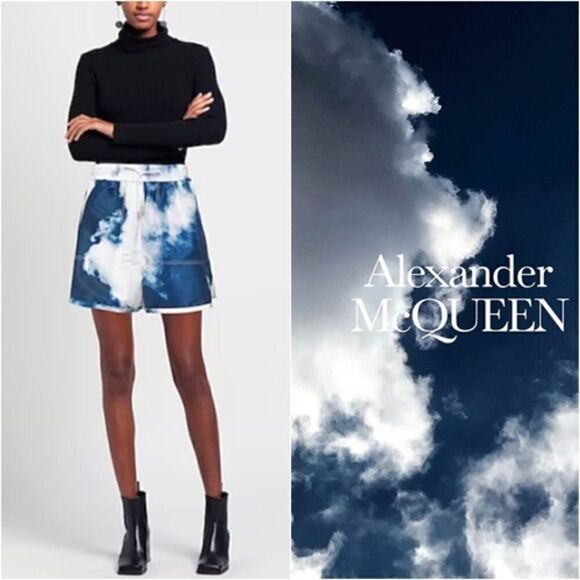ALEXANDER MCQUEEN Blue Sky Tie Dye Pull On Shorts XL / 10 Clouds Drawstring NWT - Picture 1 of 14